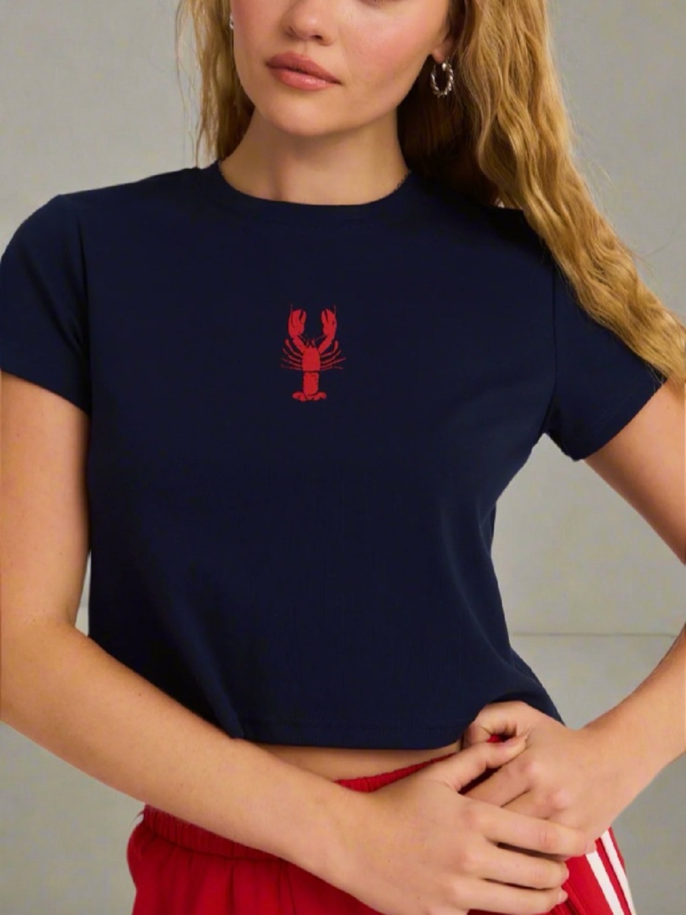 Navy Baby Tee with Red Lobster Graphic